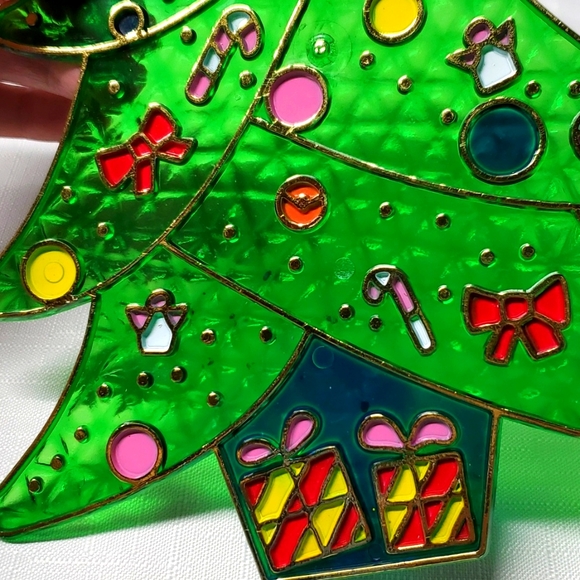 VTG Stained Glass Decor Christmas Tree Plastic Hanging Angels Candy Canes Gifts - Picture 7 of 15